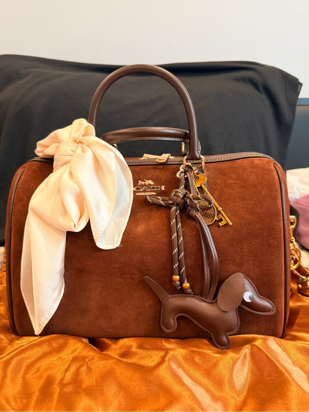 Coach Suede Satchel Handbag in Brown with Scarf Accent